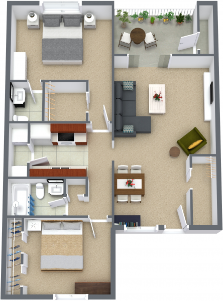 Floor plan for 2 beds, 1.5 baths, 1000 sqft